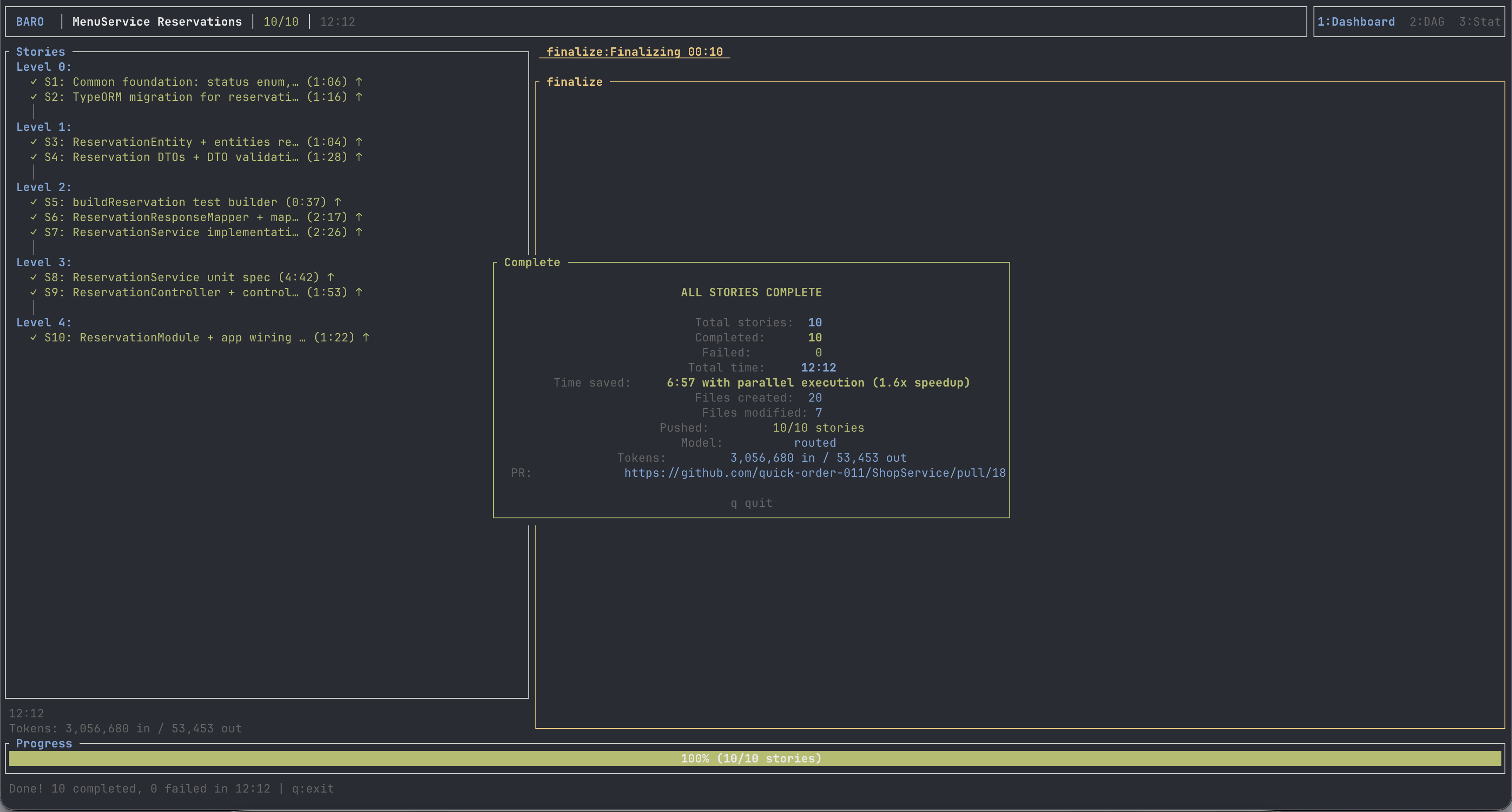baro DeepSeek V4 Pro run completing ten reservation stories in 12:12